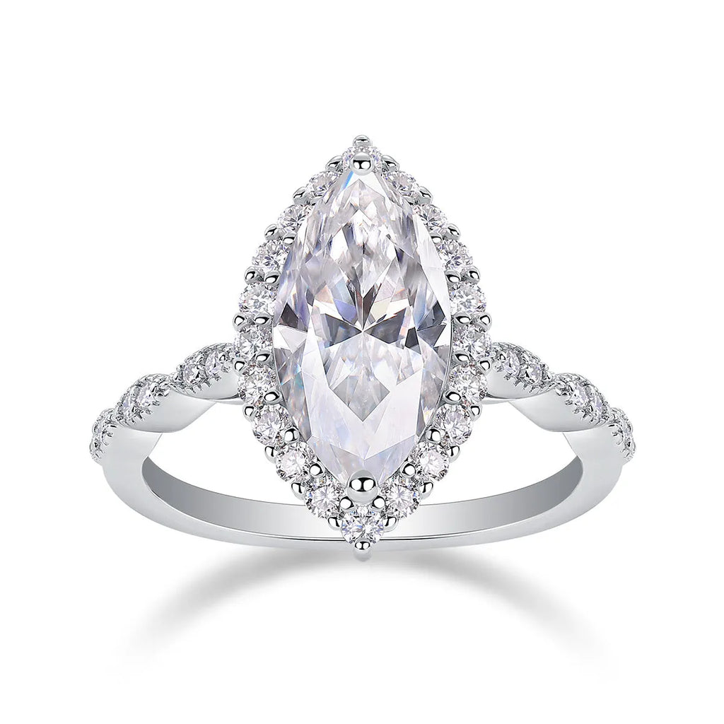 Heartbeat Mirror moissanite wedding ring set in platinum plated S925 silver, horse eye shape, gift box packaging