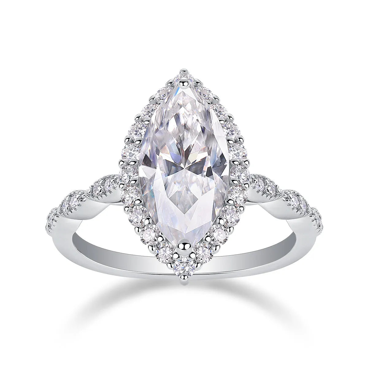 Heartbeat Mirror moissanite wedding ring set in platinum plated S925 silver, horse eye shape, gift box packaging
