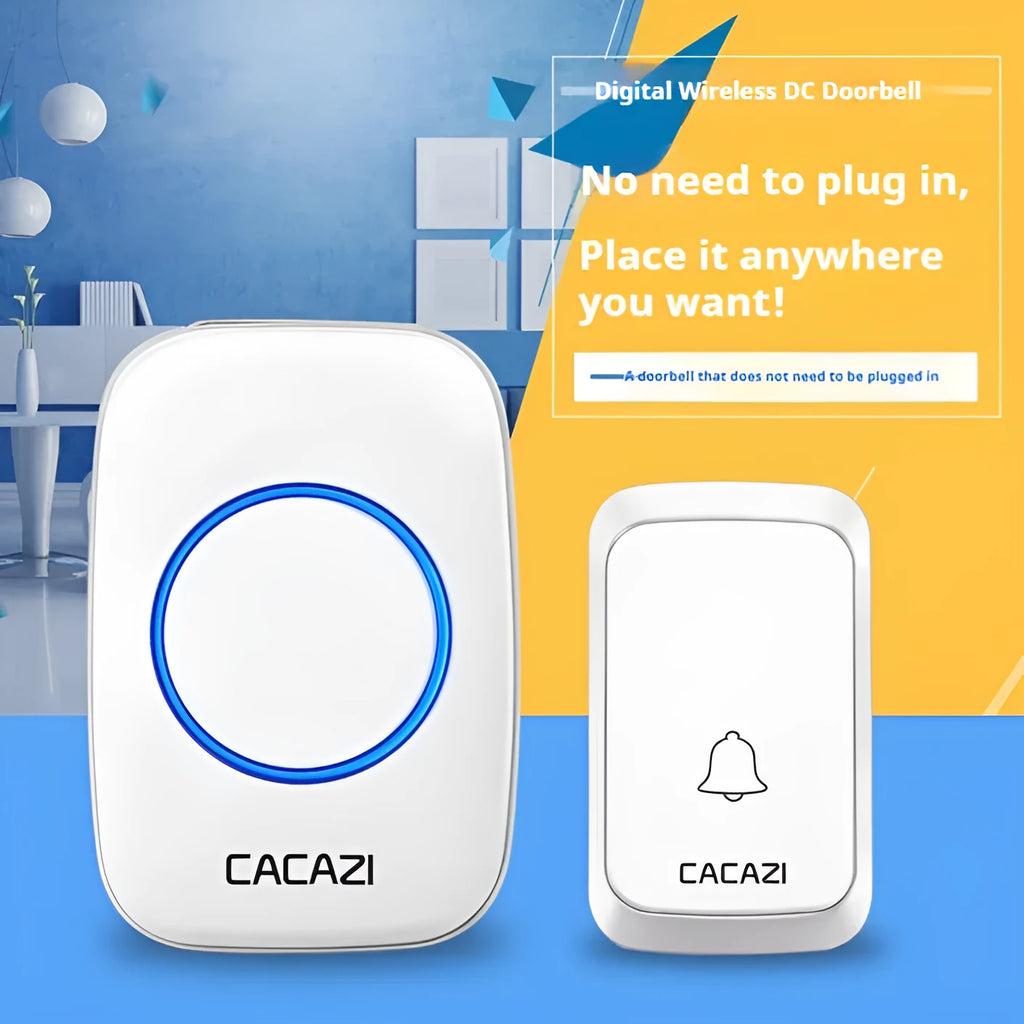 Wireless home doorbell set with white transmitter and receiver on a wall.