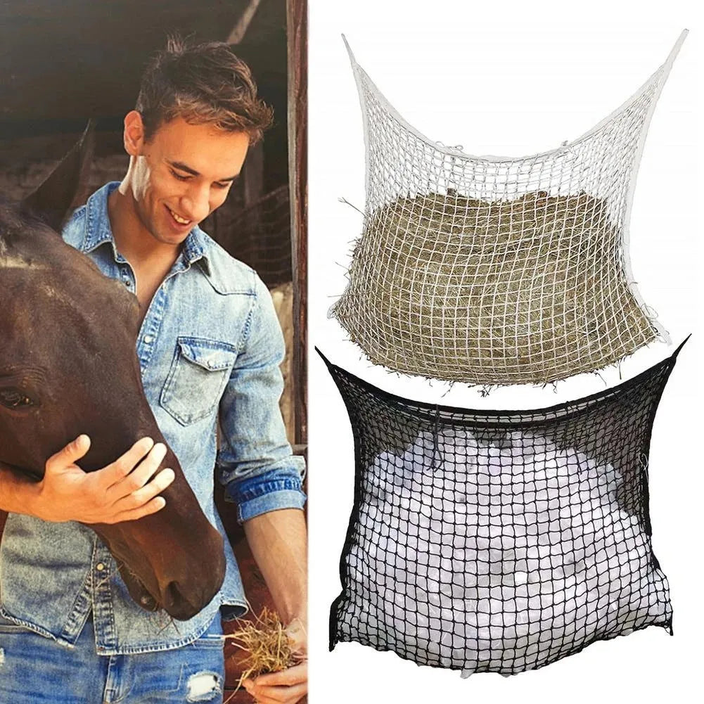 Black woven grid horse feeding bag hanging, filled with hay.