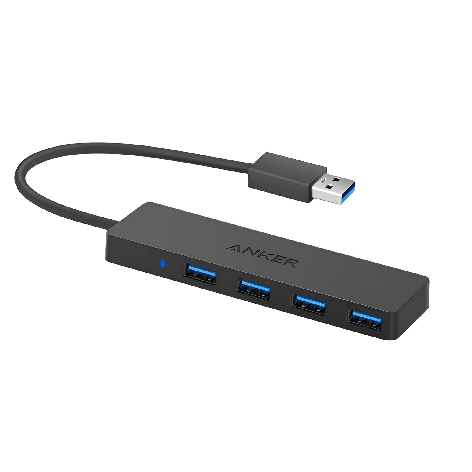 Black Anker 4-port USB 3.0 hub showing compact size and four Type-A ports.