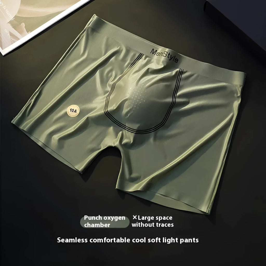 Men's seamless satin ice silk boxer shorts in flesh tone colour with mid-waist design