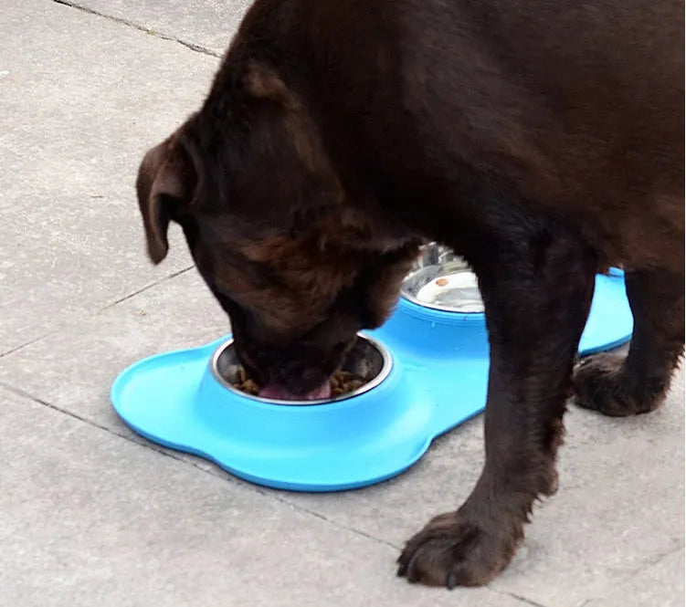 Bone silicone pet double bowl with stainless steel inner layer, non-slip base, 46x27x15cm in black