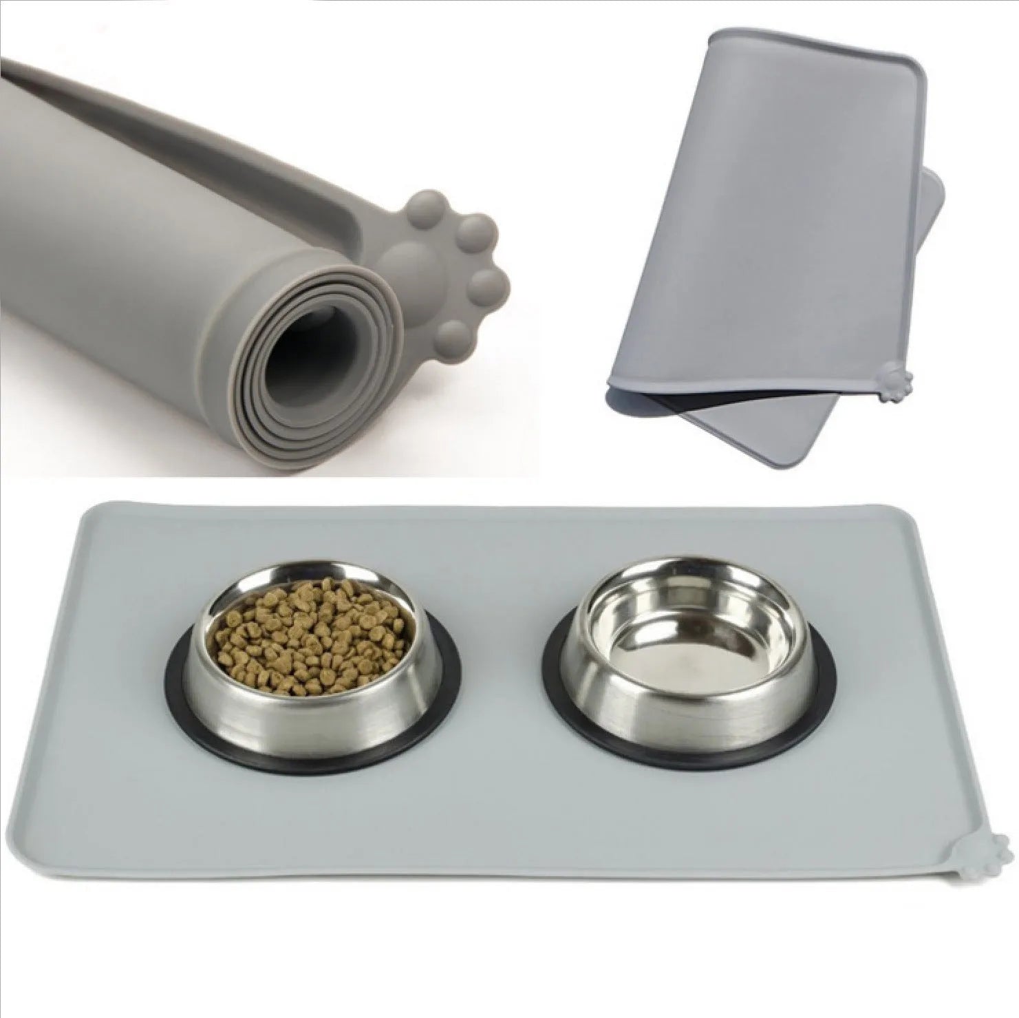 Grey silicone pet food mat with raised edges on a tile floor