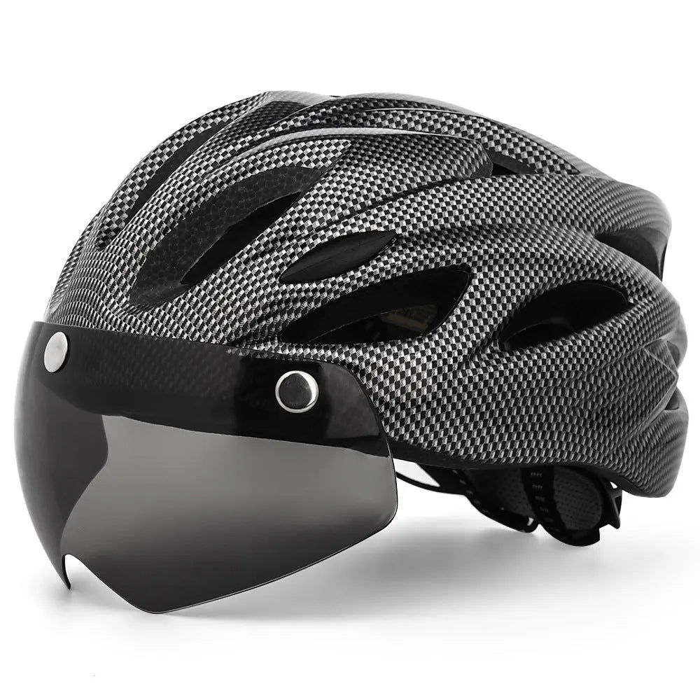 Adult cycling helmet with integrated red LED light on the rear, shown in a black and red colour scheme.