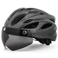 Adult cycling helmet with integrated red LED light on the rear, shown in a black and red colour scheme.