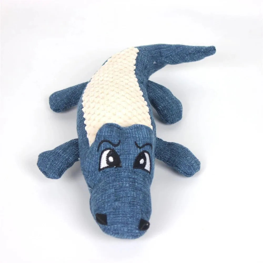 Plush squeaky dog chew toy, 29cm long, linen and PP cotton, blue red green