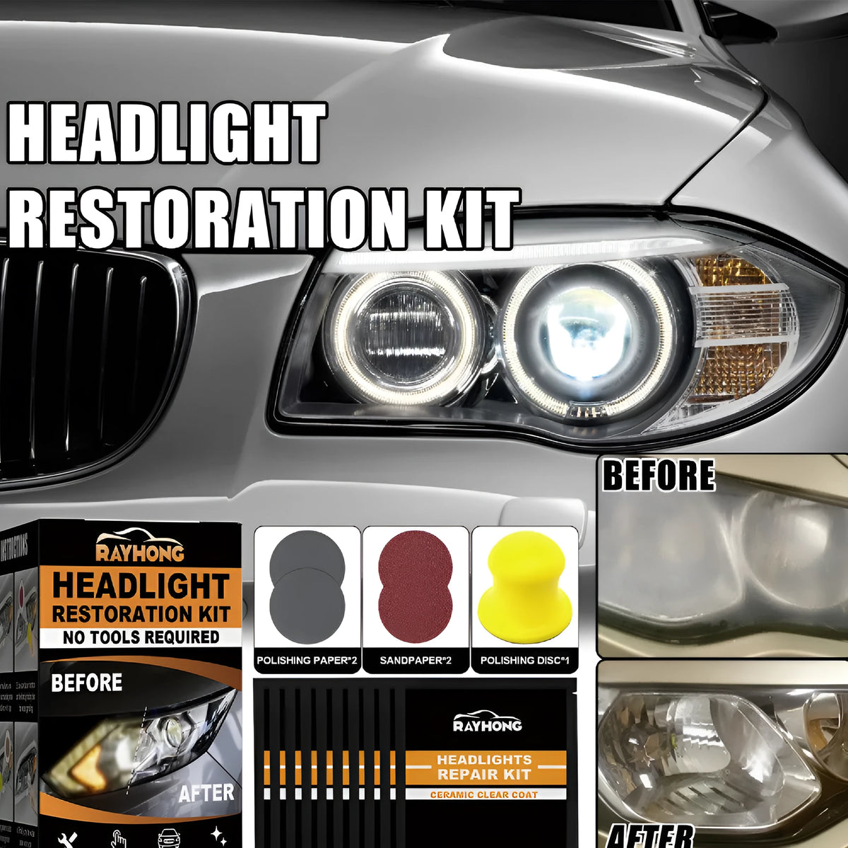 Car Ceramic Headlight Repair Kit for Polishing Renovation and Brightening Car Lights with Wet Wipes Polishing Paper Sandpaper and Polishing Disc