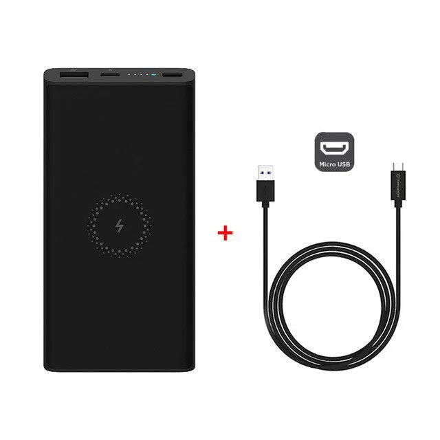 Black and white large capacity 10000mAh power bank showing USB-C port and wireless charging symbol.