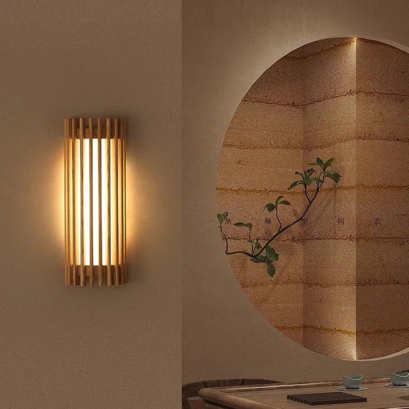 Walnut wood wall lamp with New Chinese style wooden art frame for living room or corridor