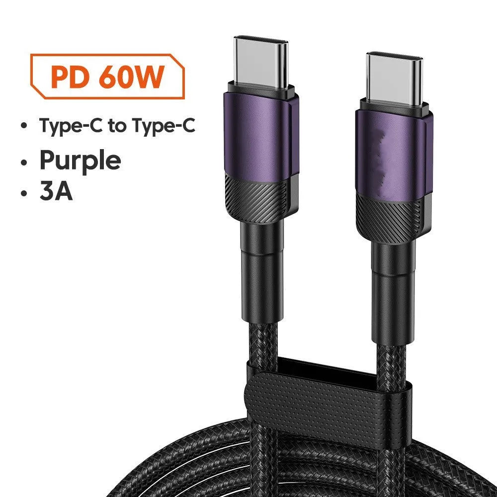 Aluminium alloy woven USB charging cable with 100W PD fast charging in black, blue, purple, or green