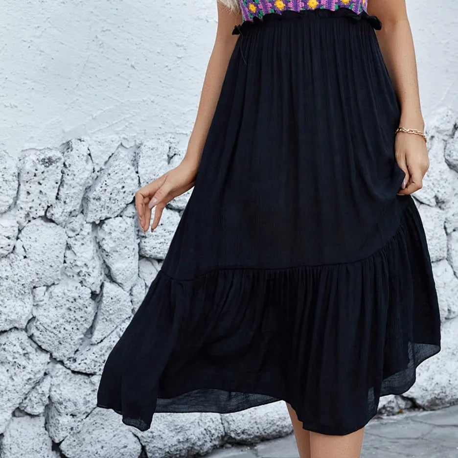Purple sleeveless dress with hand hook floral stitching on cotton yarn fabric