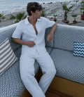 Printed polyester zipper sweater jacket and matching trousers suit set with 3D pattern in street hipster style.