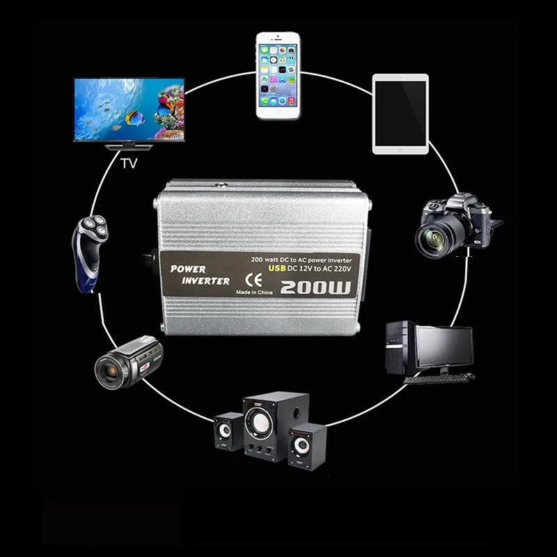 200W car inverter with USB in silver die-cast aluminium housing, 12V to 110V/220V vehicle power converter