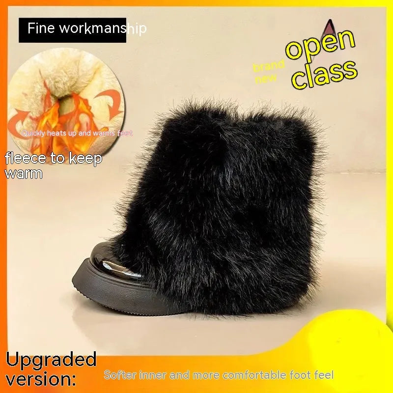 Women's black artificial plush snow boots with a waterproof rubber sole and round toe design.