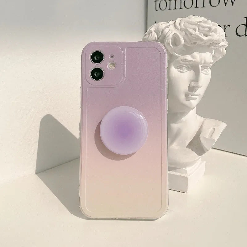 Yellow and purple gradient silicone iPhone case with extended X bracket stand.