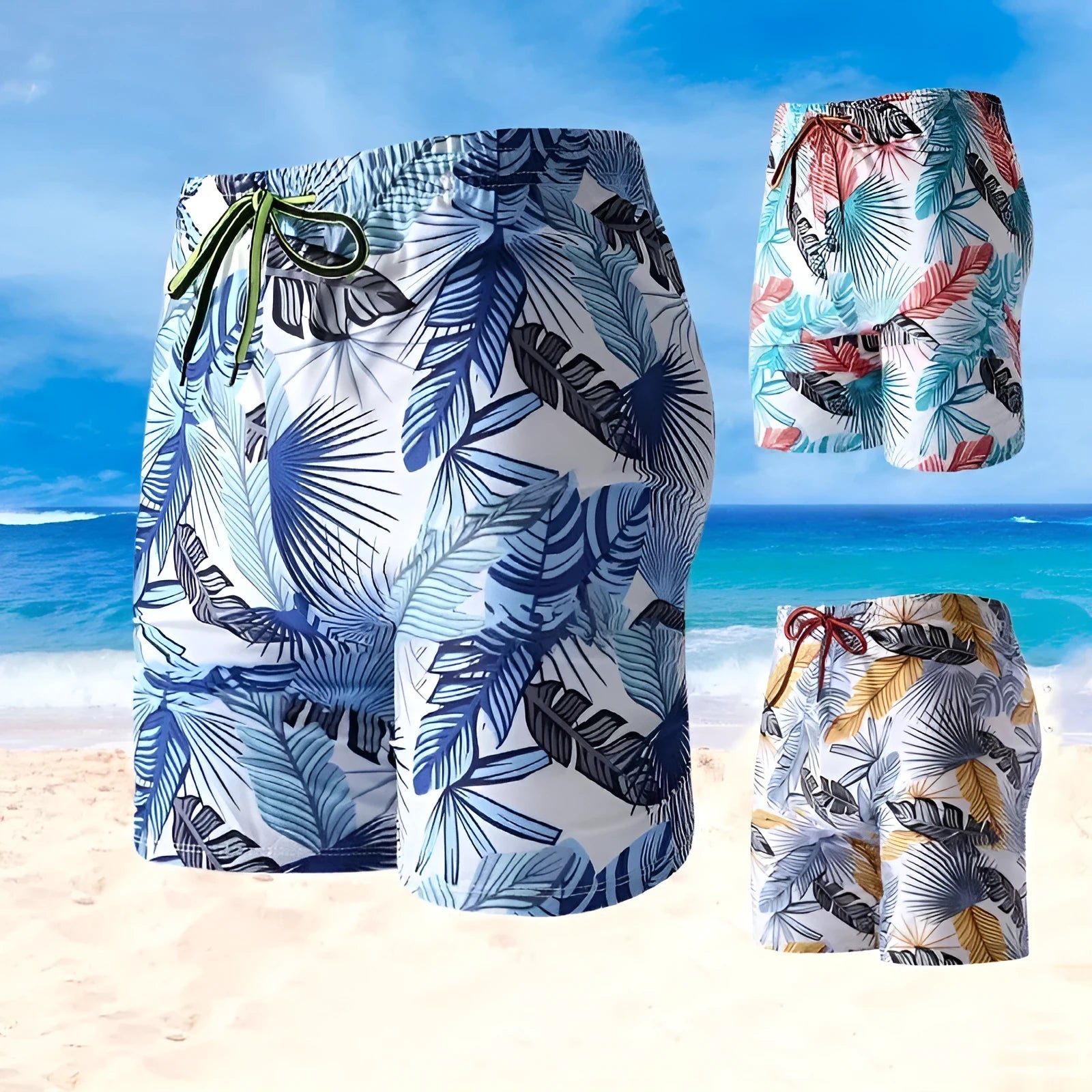 Men's cropped swimming trunks in a blue leaf pattern, made from polyester and spandex blend.