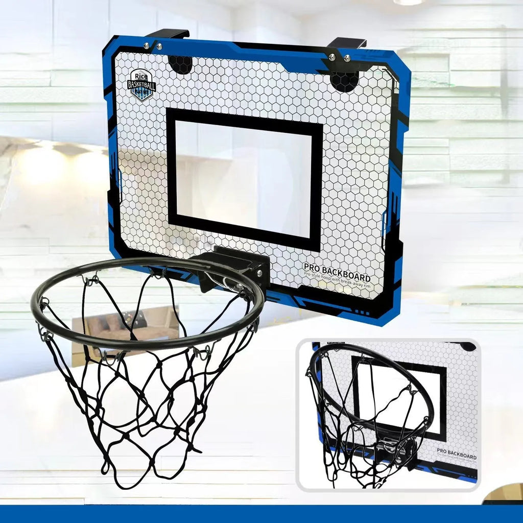 Red folding basketball frame with suction cup mount and 16cm ball, shown in a child's bedroom.