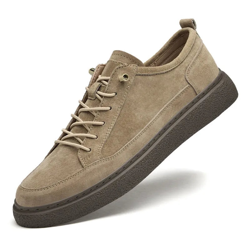 Men's high-top pigskin leather sneakers in khaki, sand or brown with flat heel and round toe, sizes 38-45