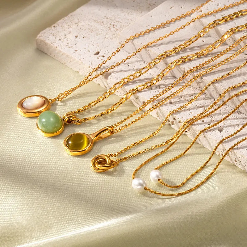 Retro stainless steel necklace with mixed gem inlaid agate pendant and regular chain style electroplated finish