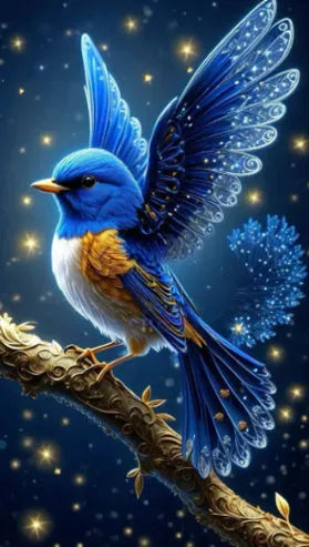 Blue Bird design DIY rhinestone painting kit showing 60x100cm canvas with acrylic gems.