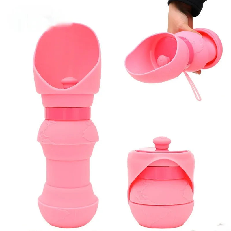Silicone pet folding cup shown in assorted colours including black, pink, and blue, collapsed flat and expanded for use.