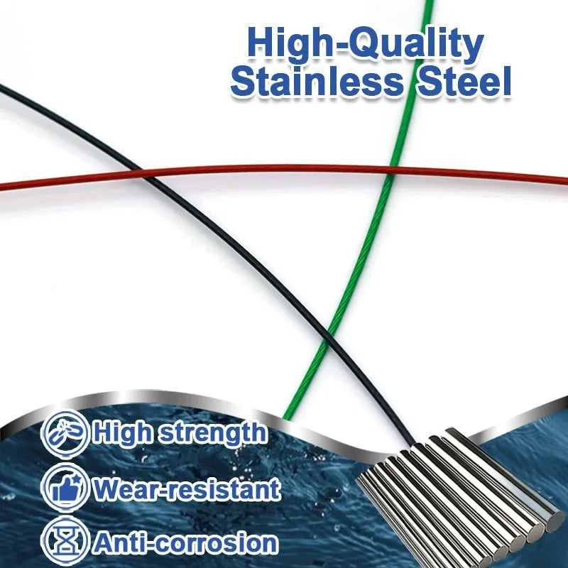 Set of green, black, and red steel wire fishing pins with double buckle ends, each 54cm long.