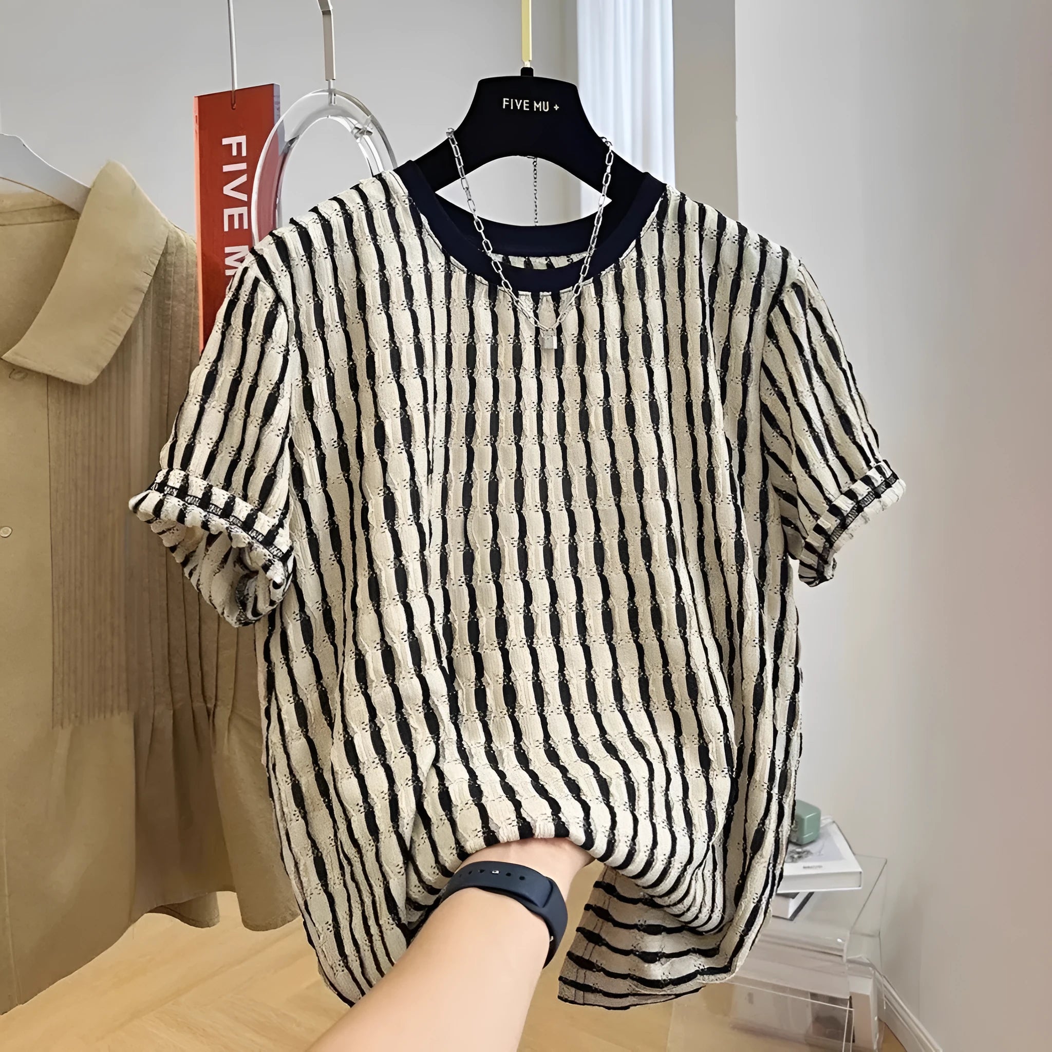 Men's black striped loose fit casual short sleeve shirt in linen silk blend fabric
