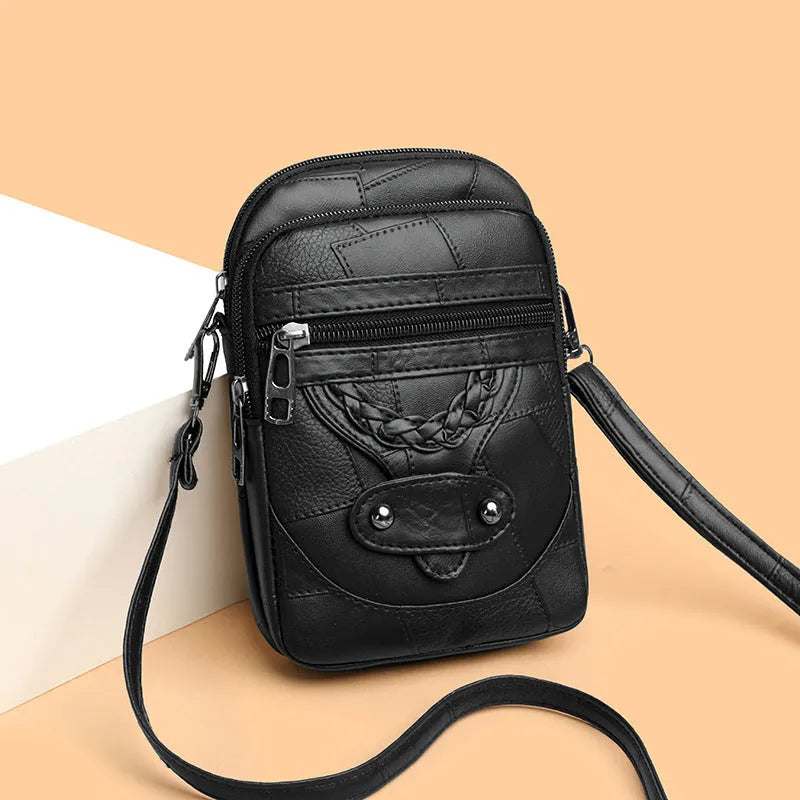Soft leather retro mobile phone bag showing square vertical design with weaving patterns and decorative rivets
