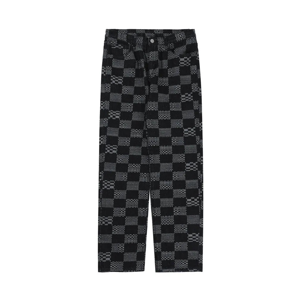 Men's checkerboard jacquard cotton trousers straight loose fit black colour