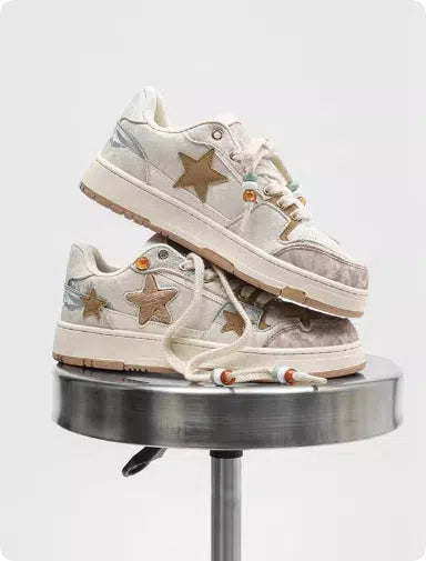 High-end platform sneakers with star pattern in pink, lace-up fabric upper, sizes 36-44