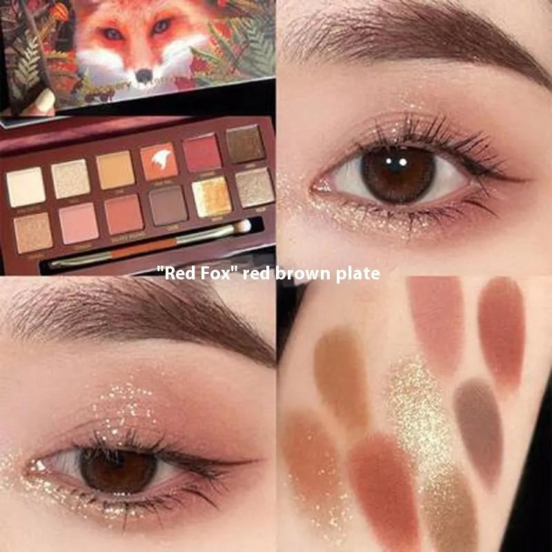 Animal-themed twelve-colour eyeshadow palette showing golden tiger, ink cat, red fox, and koi shades