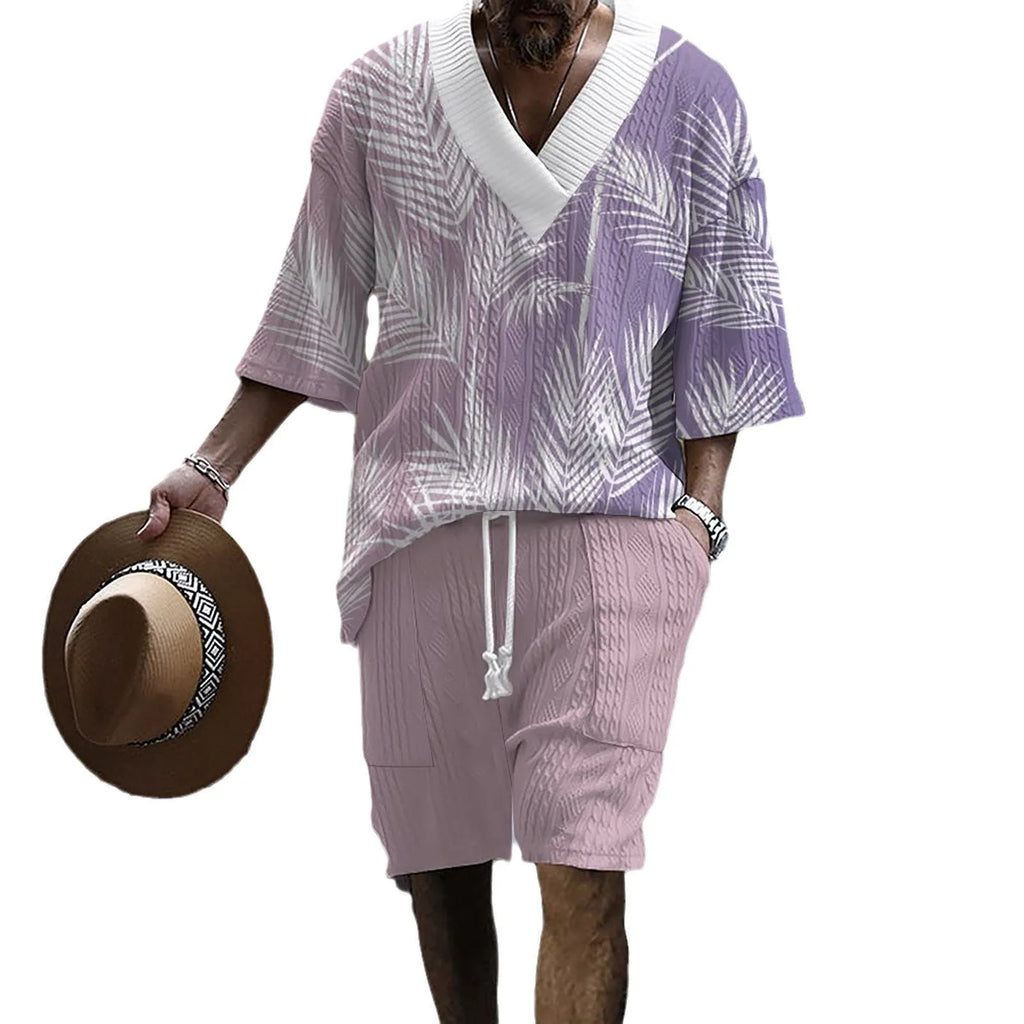Men's printed knitted drop-shoulder short-sleeved top and shorts lounge set.