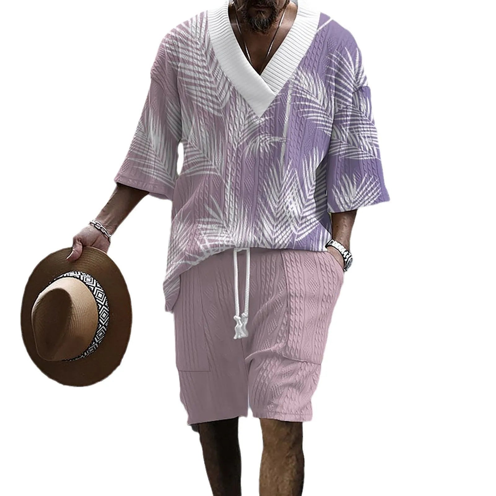 Men's printed knitted drop-shoulder short-sleeved top and shorts lounge set.