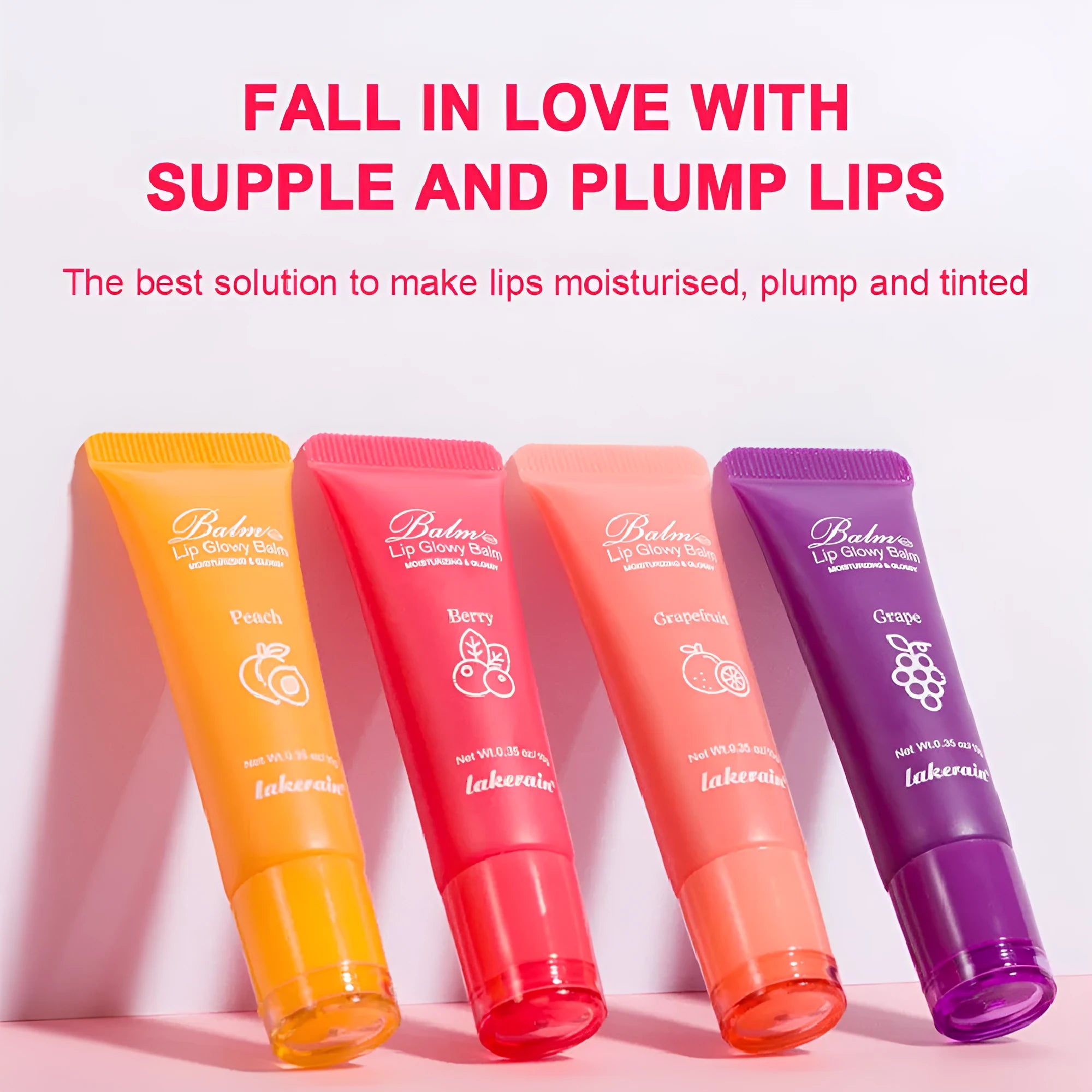 Women's flavoured lip gloss in berry, grape, grapefruit, and yellow peach flavours.
