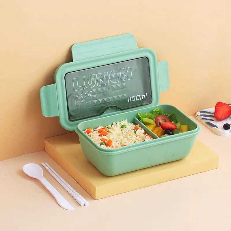 Four compartment partitioned bento lunch box with Nordic design in green, red or yellow colours