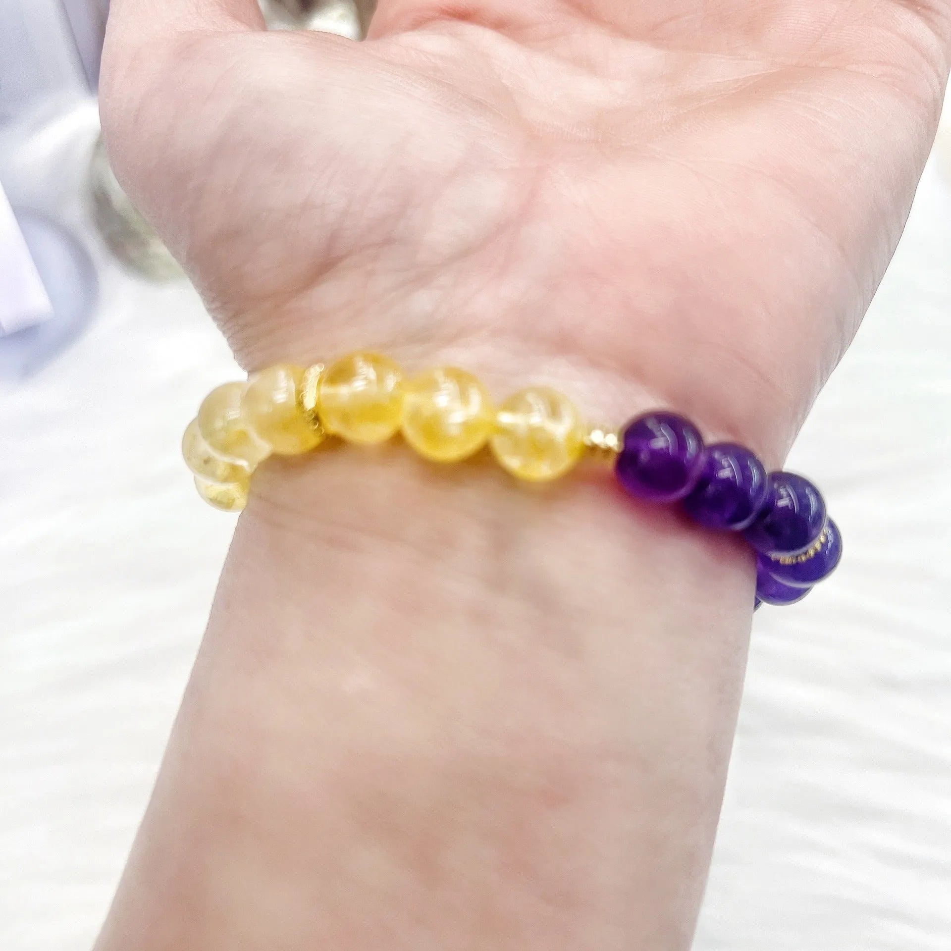 Handmade women's yellow purple amethyst crystal bracelet jewellery gift