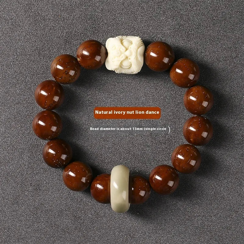 Hand-woven Buddhist prayer bracelet with 13mm round beads in ivory nut, bodhi, or sandalwood lion style