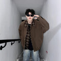 Men's fake two-piece jacket in black or brown, loose fit, long sleeves, side seam pockets, polyester