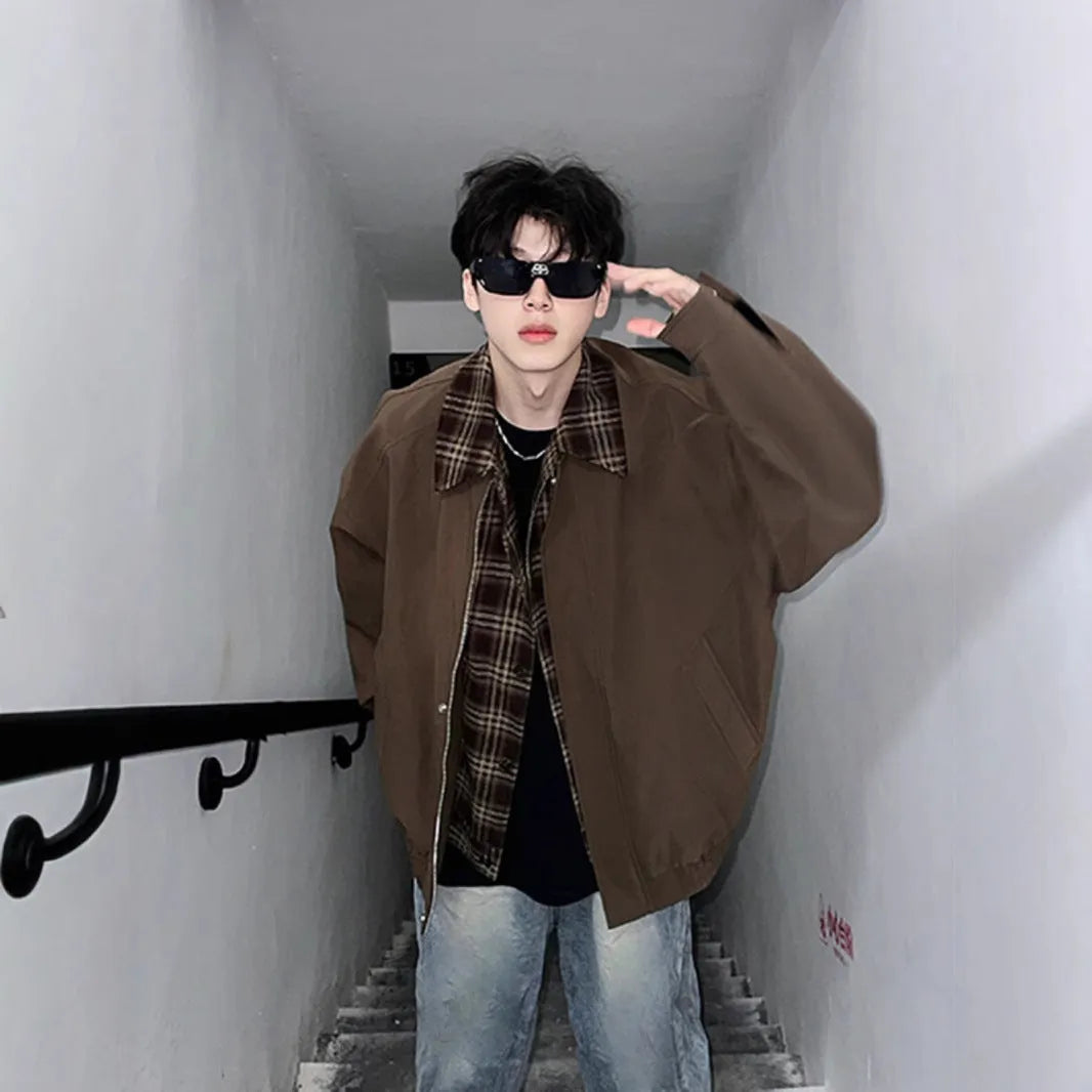 Men's fake two-piece jacket in black or brown, loose fit, long sleeves, side seam pockets, polyester