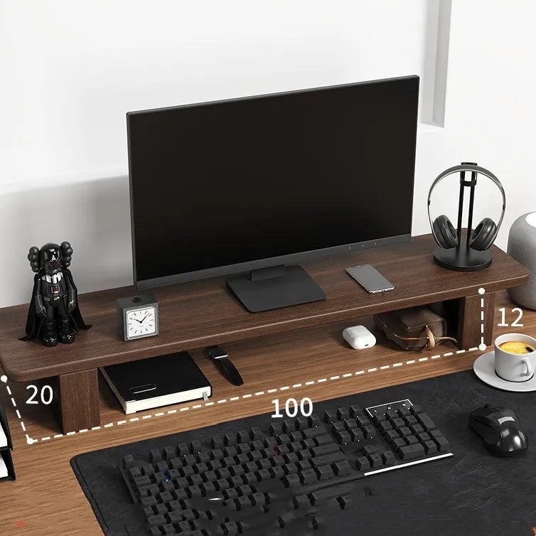 solid walnut wood computer monitor heightening frame on a desk with extra storage underneath