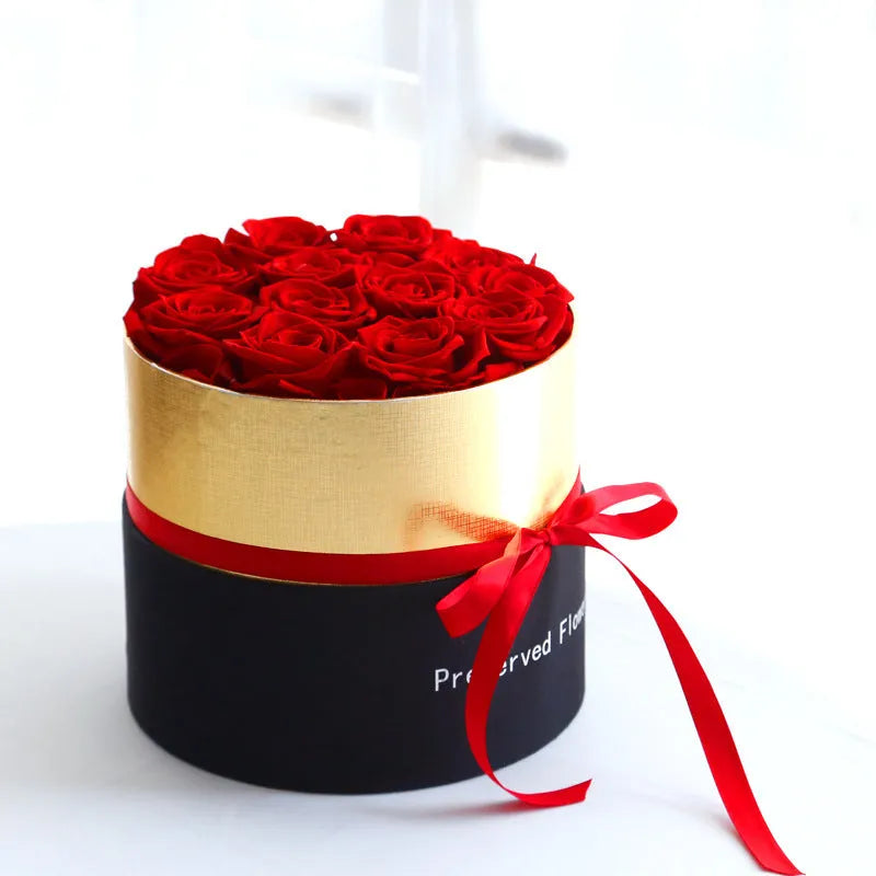 Boxed set of preserved red eternal roses in a luxury gift box for Valentine's Day.