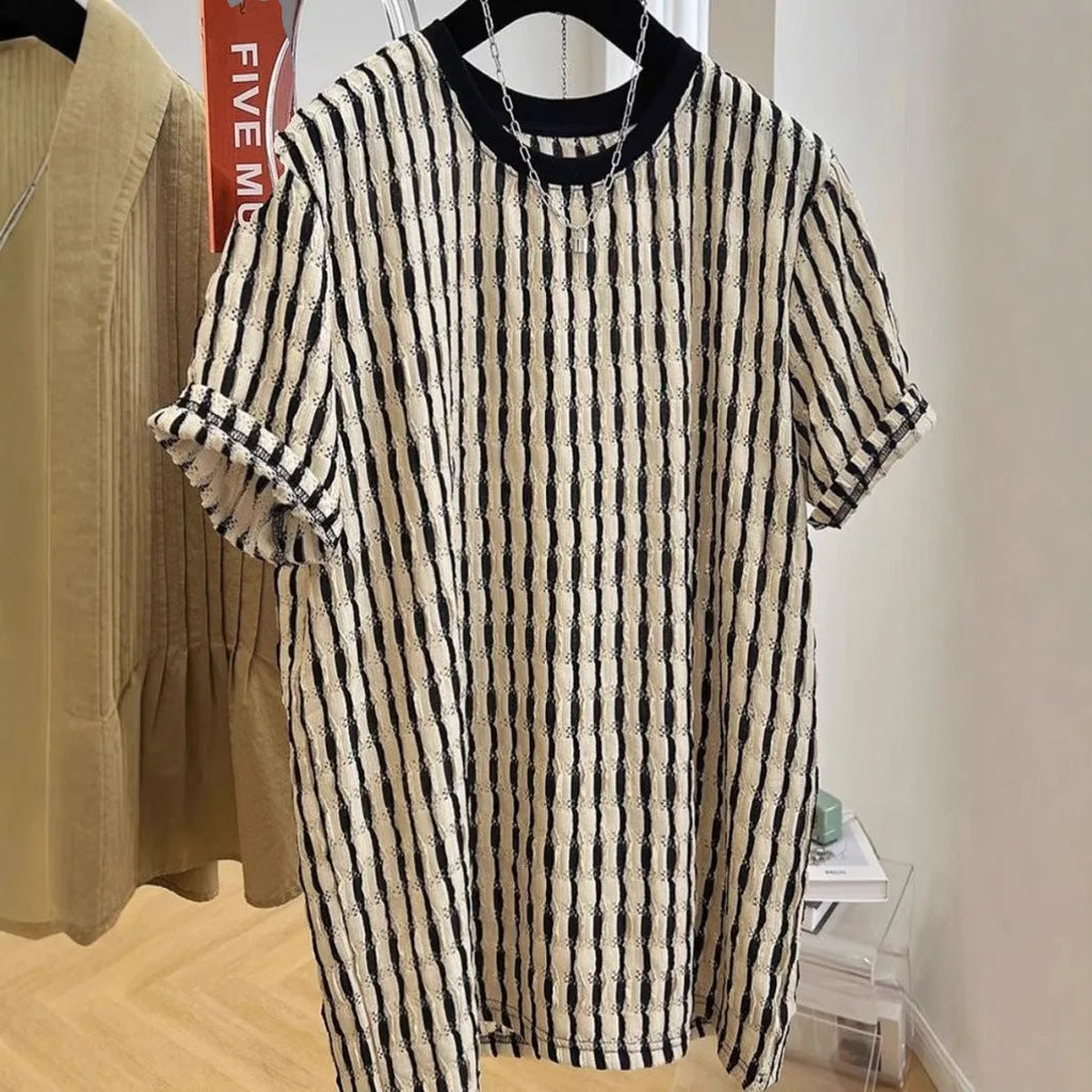 Men's black striped loose fit casual short sleeve shirt in linen silk blend fabric