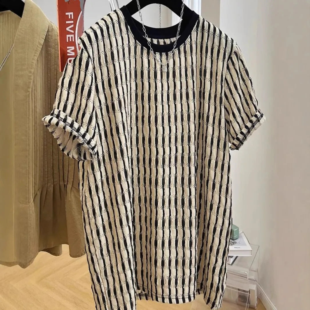 Men's black striped loose fit casual short sleeve shirt in linen silk blend fabric