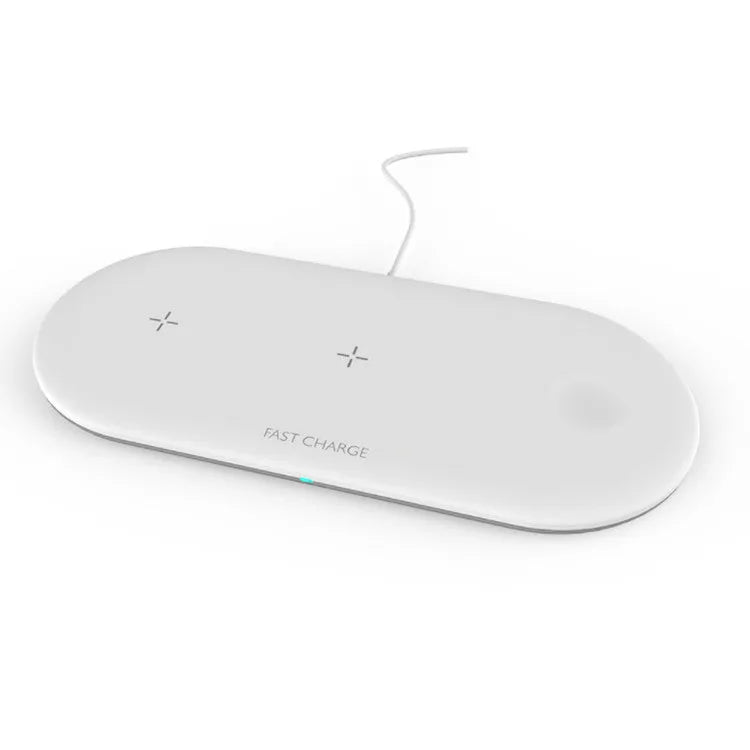 Black three-in-one wireless charging station for Apple Watch, mobile phone and earbuds on a desk