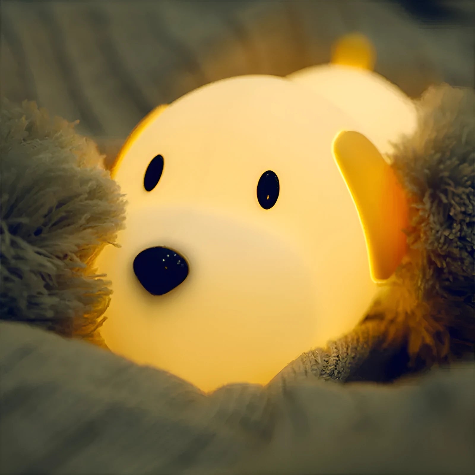 Dull Wang rechargeable silicone touch dimmable night light on a bedside table showing warm white glow