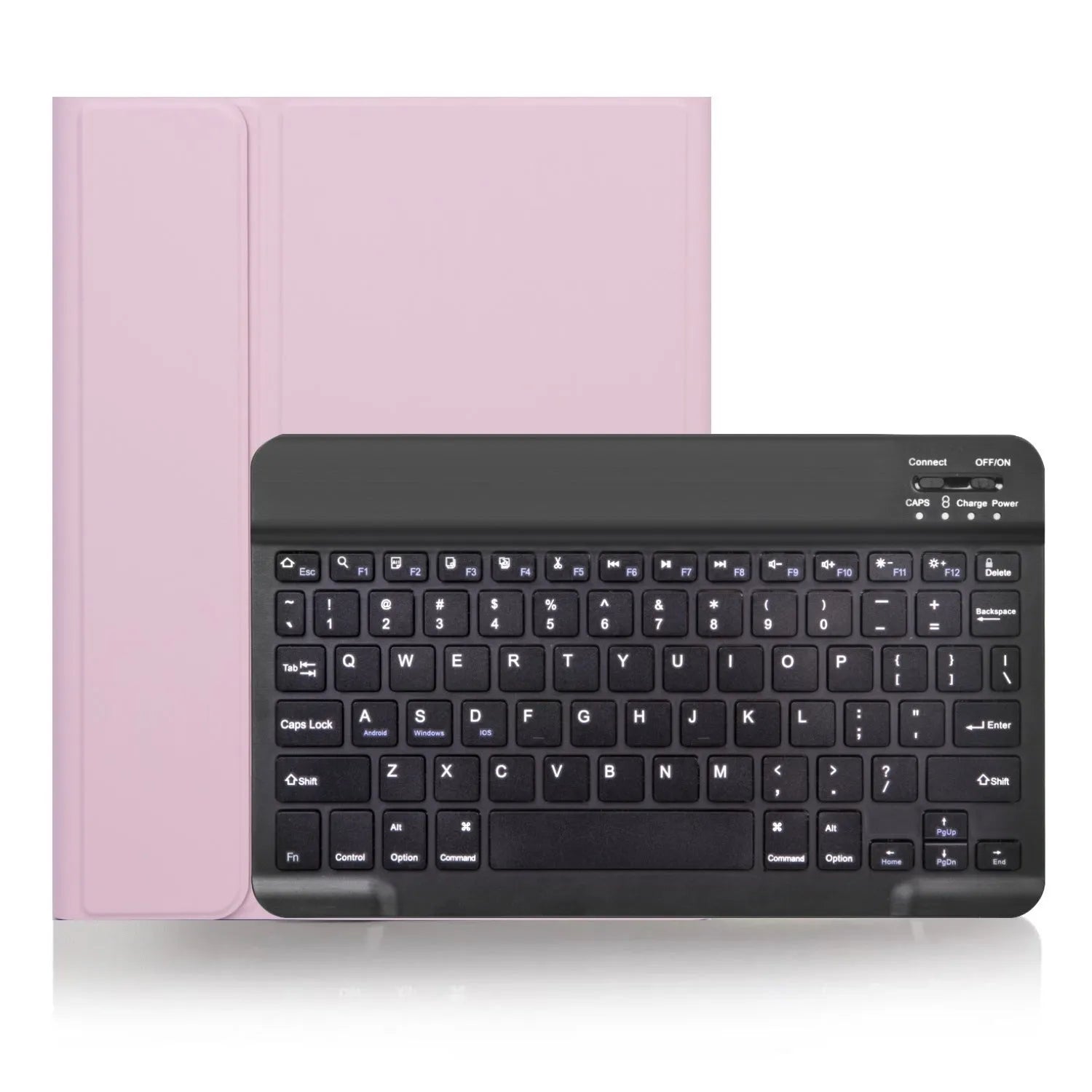 External Bluetooth keyboard stored inside its split leather protective case, with charging cable.