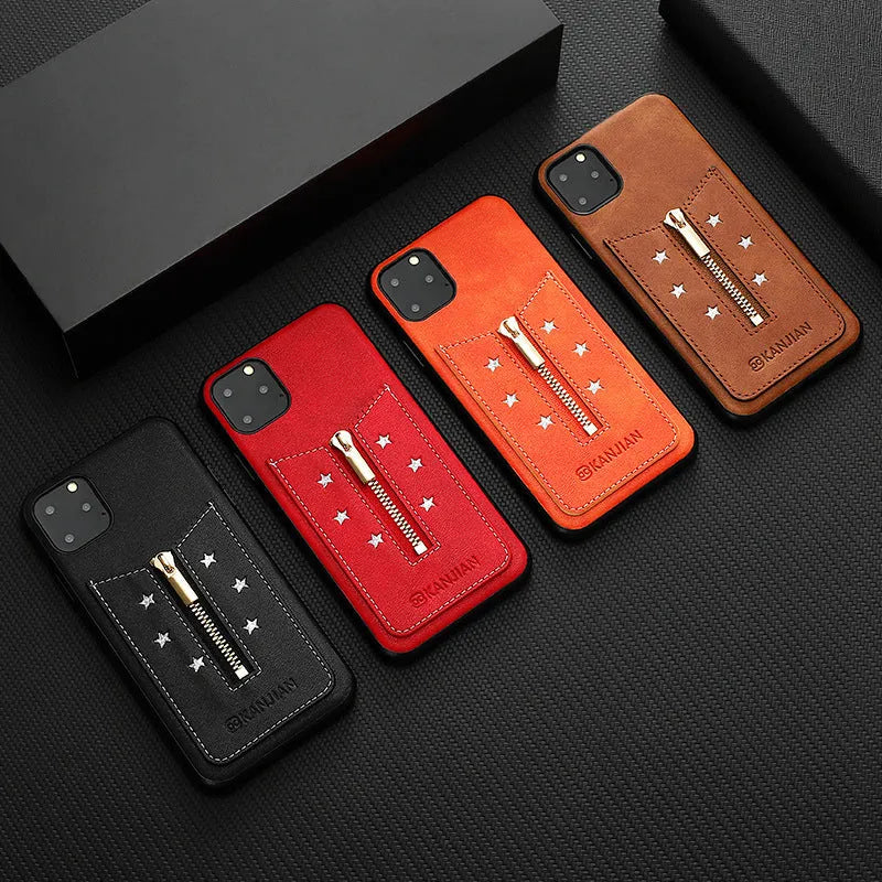 Black PU leather zipper phone case for iPhone shown closed and open