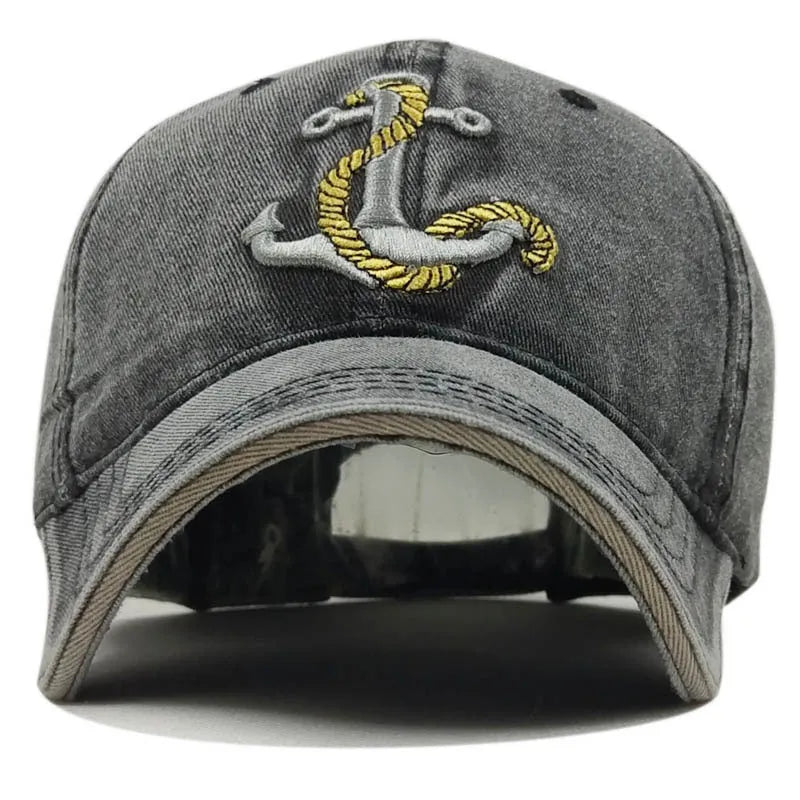 Anchor embroidered baseball cap in cotton, shown in red, khaki, black, and navy blue.