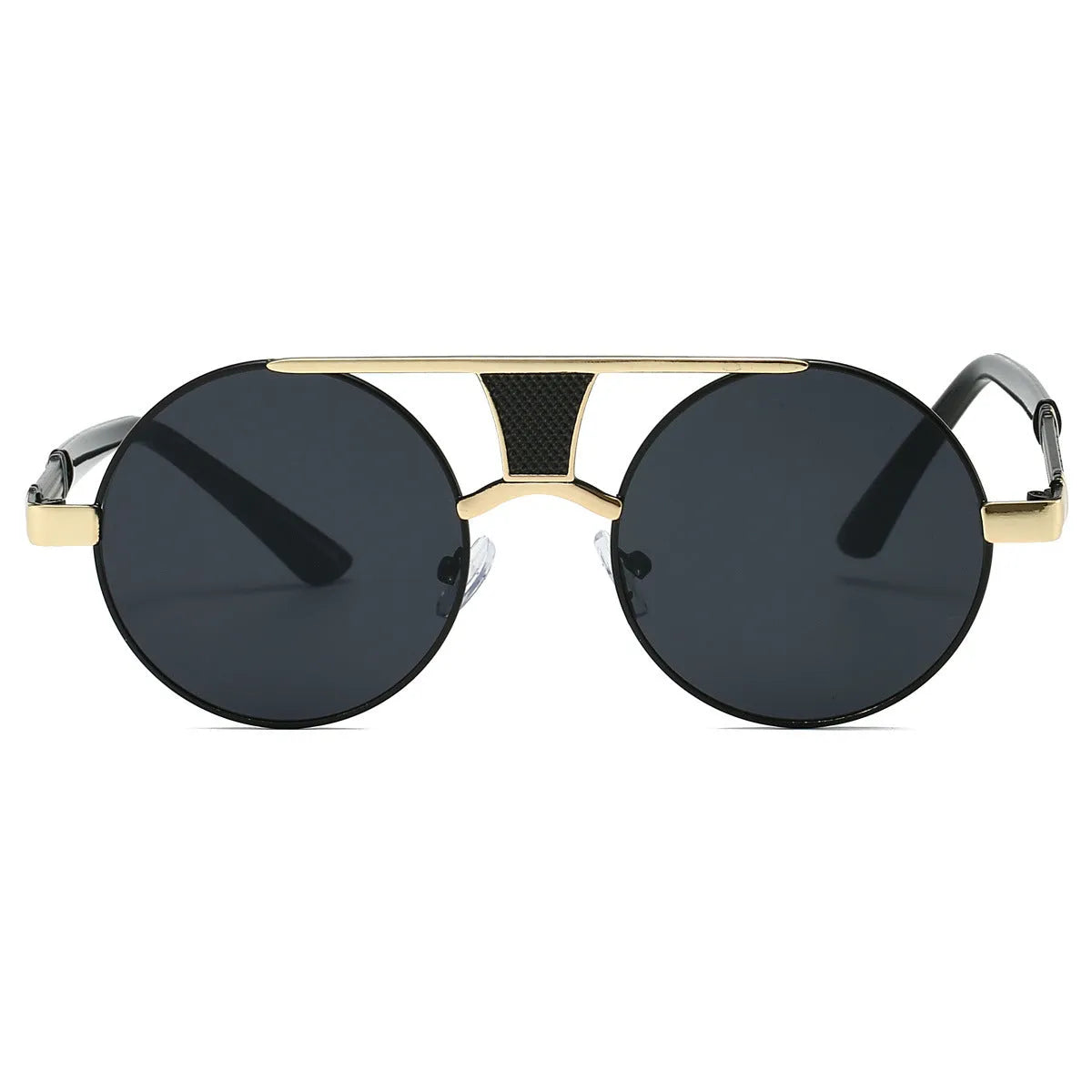 Men's double beam round frame sunglasses with PC lenses in black frame black colour variant